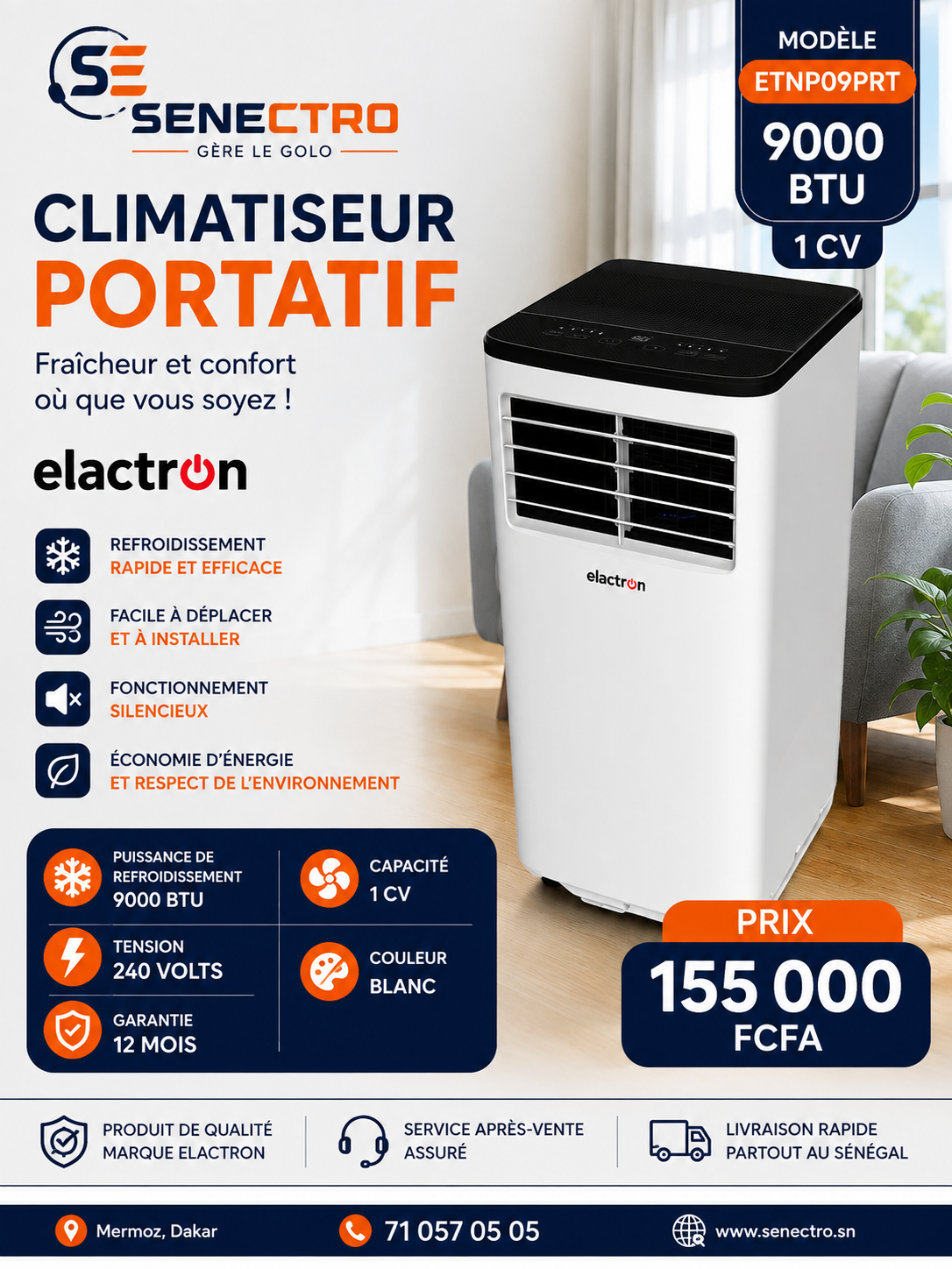 Climatiseur Portatif Elactron ETNP09PRT – 9000 BTU, 1 CV