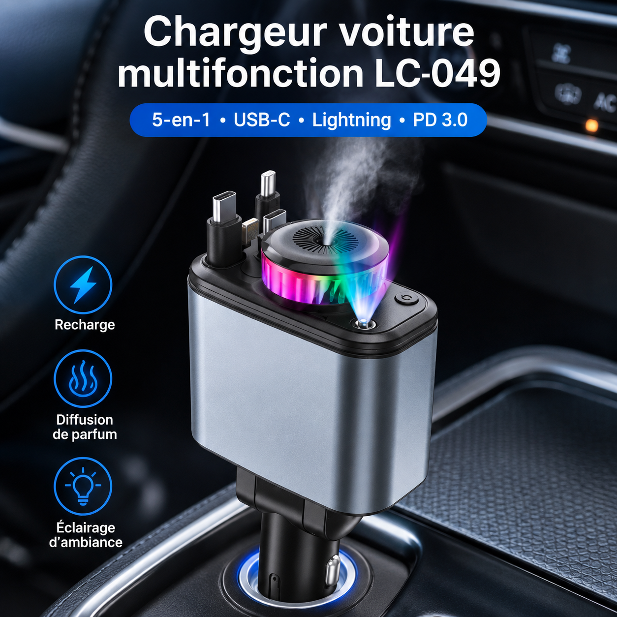 Chargeur Voiture Multifonction 5-en-1 – 180W avec Diffuseur d'Arôme & Éclairage RGB
