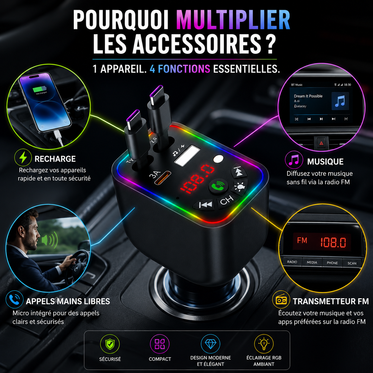 Chargeur voiture 5-en-1 60W avec câbles rétractables, Bluetooth FM et éclairage RGB