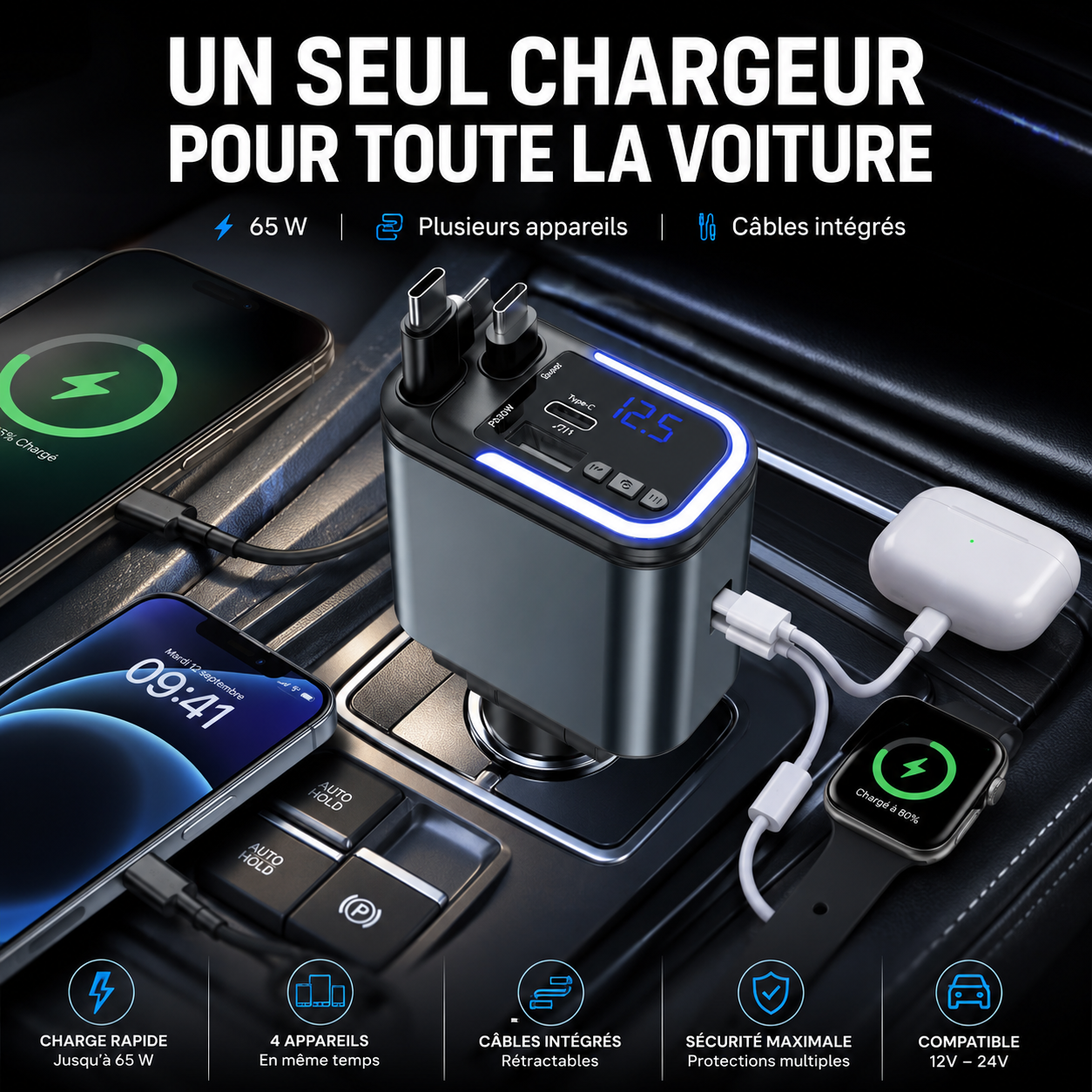 Chargeur Voiture 5-en-1 TORFS LC-040 — 65 W Votre voiture devient votre station de recharge