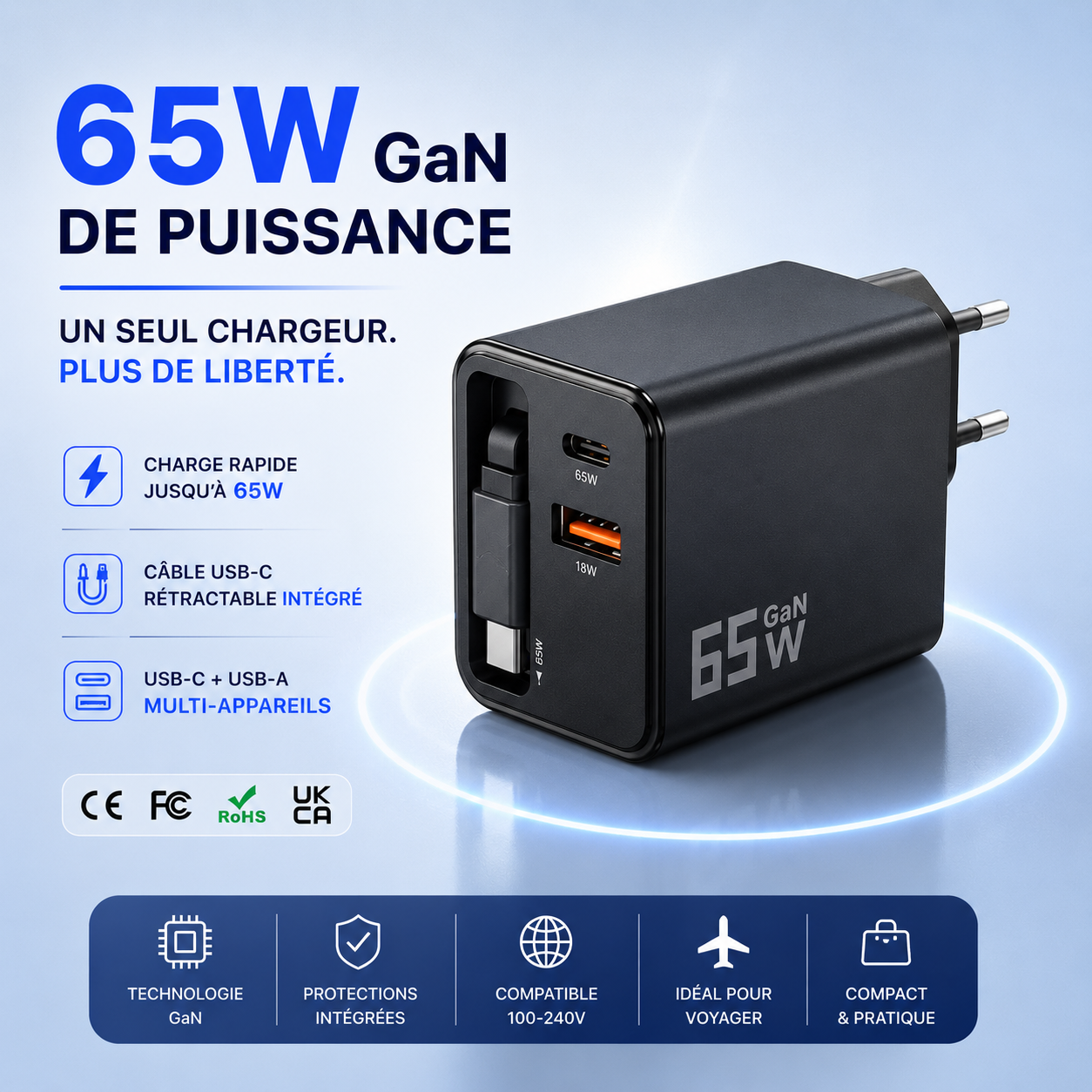Chargeur GaN 65W 3-en-1 avec câble USB-C rétractable intégré