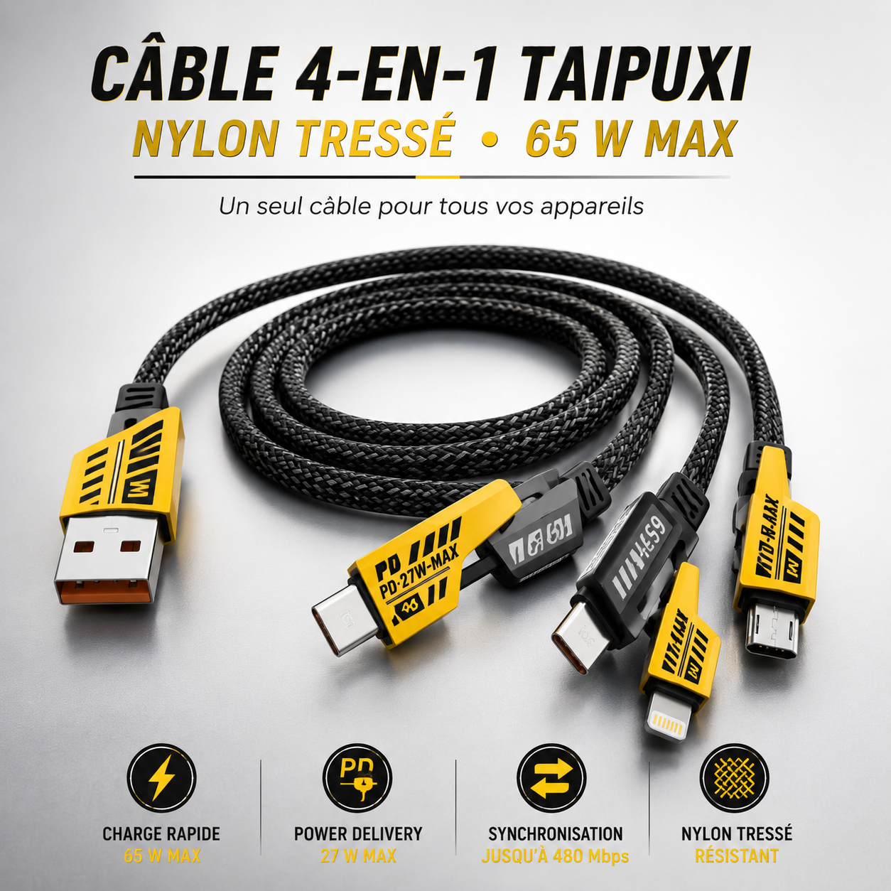 Câble 4-en-1 Taipuxi en Nylon Tressé – Charge Rapide jusqu'à 65 W MAX & Synchronisation 480 Mbps