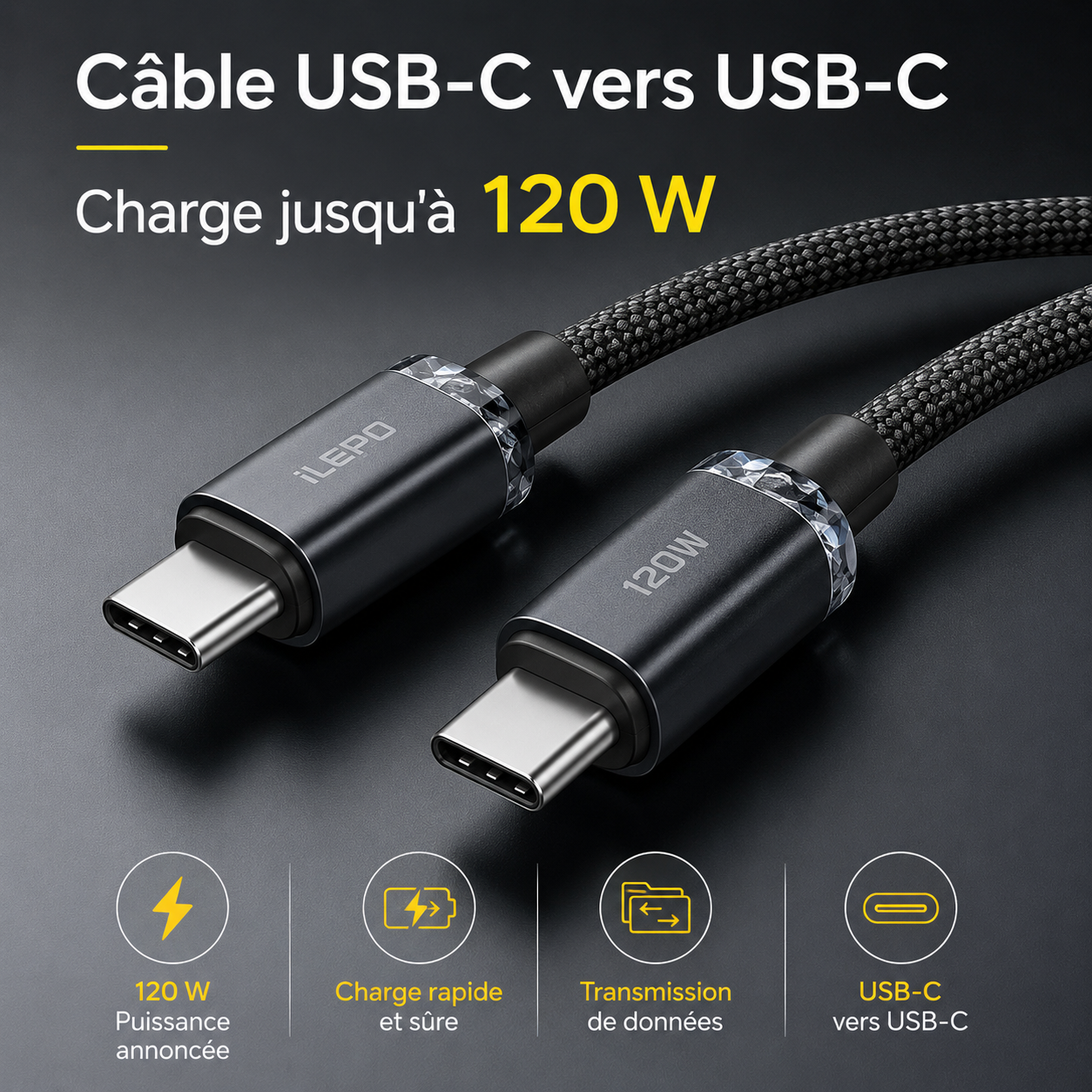 Câble USB-C vers USB-C iLepo CA-015 — Charge rapide 120 W & Transmission de données