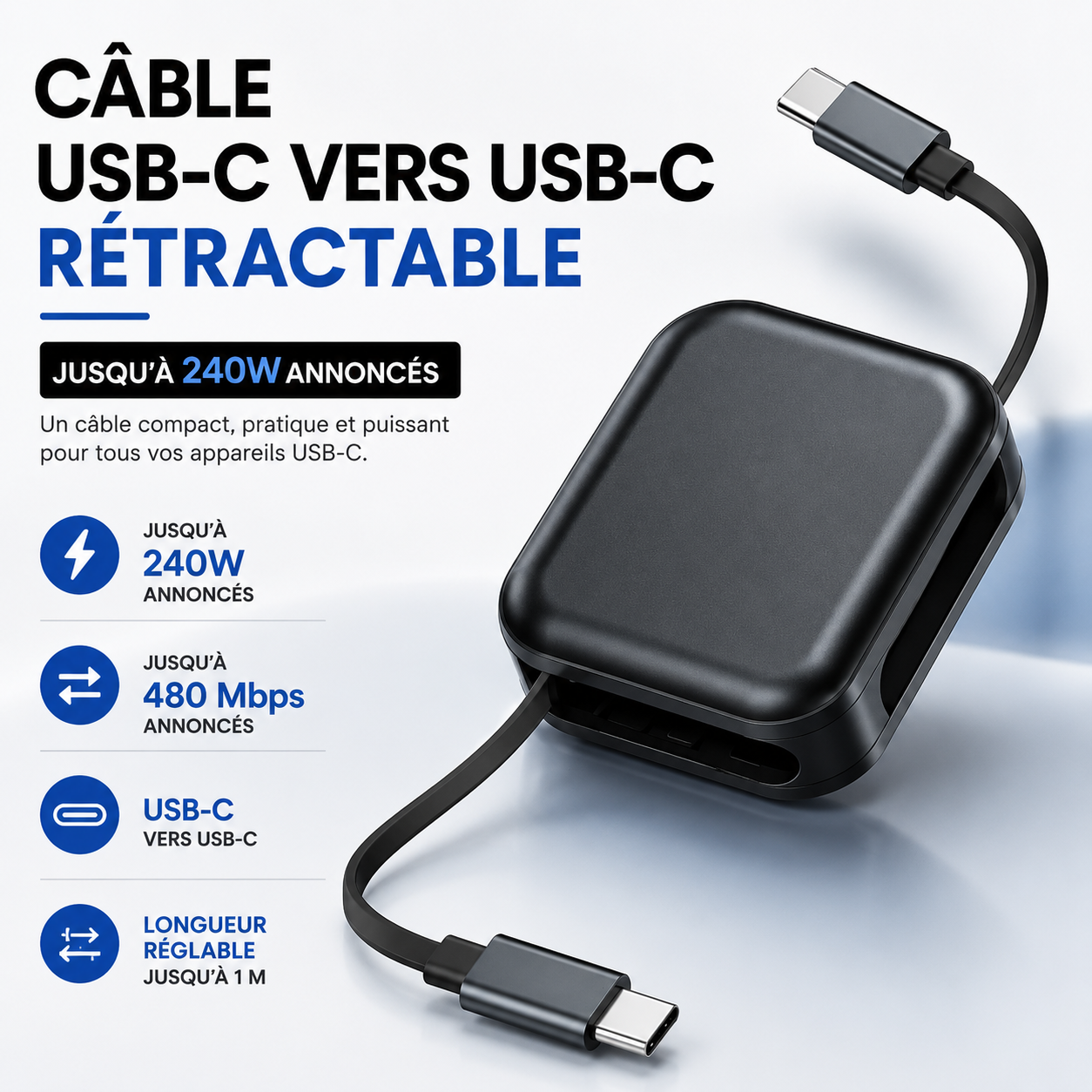 Câble USB-C vers USB-C rétractable 240 W — Longueur réglable jusqu'à 1 m